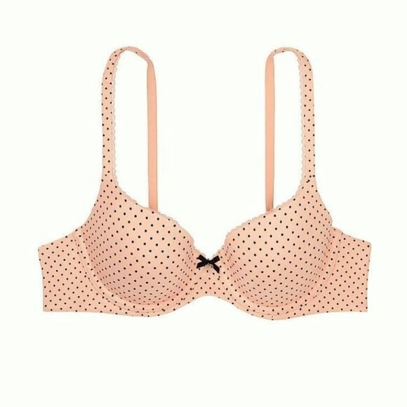 38DD/XL Victoria's Secret Body by Victoria Lined Demi Bra Set Thong Peach Dot - Picture 6 of 8